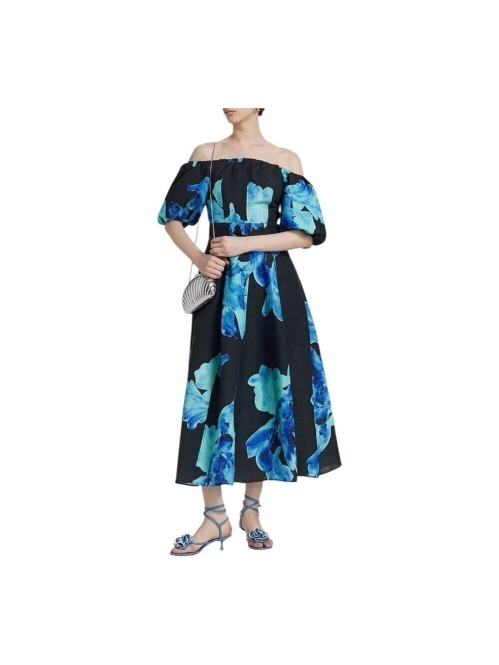 Nicholas the Label Blue Santha Floral Off-the-Shoulder Midi Dress Size 6 - Picture 2 of 13